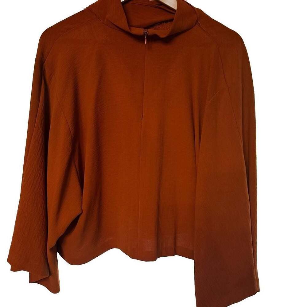 ZARA Russet Orange Draped Asymmetric Collar Batwing Sleeve Blouse Quiet Luxury - Picture 7 of 9